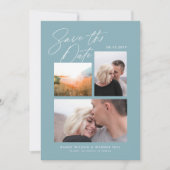 Eenvoudig & Stijlvol Blauw Drie Foto's Handgeschre Save The Date (Voorkant)