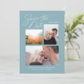 Eenvoudig & Stijlvol Blauw Drie Foto's Handgeschre Save The Date (Staand voorkant)