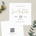Eenvoudig stijlvol goud Bewaar de datum met QR-cod Save The Date<br><div class="desc">Dit eenvoudig kerkelijke vierkante bruiloft sparen de datumkaarteigenschappen "sparen de Datum"vervoerd met een levendig modern manuscript. Dit sparen het datumelement van het ontwerp is in een elegante gouden toon genoemd Californië Gold en zijn kleur kan niet worden veranderd. De andere tekst is standaard zwart en u kunt er dan ook...</div>