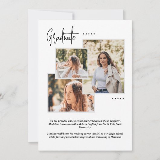 Eenvoudig stijlvol grijs fotocollage Afstuderen Aankondiging (Achterkant)