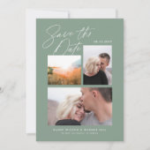 Eenvoudig & Stijlvol Groen Drie Foto Handgeschreve Save The Date (Voorkant)