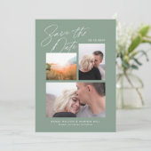 Eenvoudig & Stijlvol Groen Drie Foto Handgeschreve Save The Date (Staand voorkant)