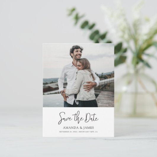 Eenvoudig stijlvol handschrift Foto opslaan Datum Uitnodiging Briefkaart (Staand voorkant)