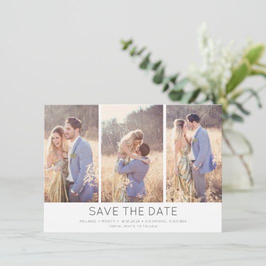 Eenvoudig stijlvol, modern multi-fotohuwelijk save the date (Staand voorkant)