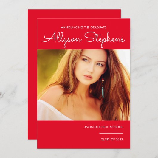 Eenvoudig stijlvol script één foto rood | Witte te Aankondiging (Voorkant / Achterkant)