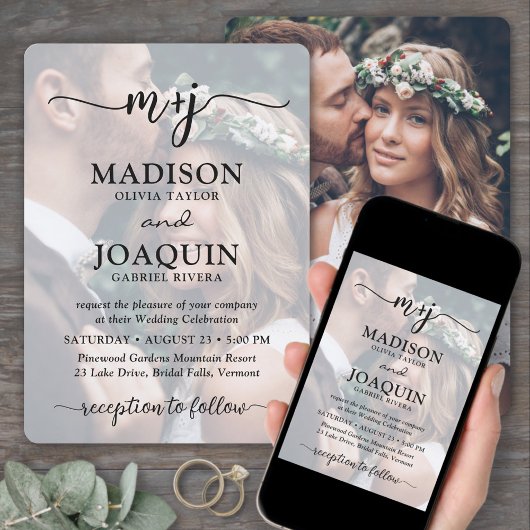 Eenvoudig stijlvol script Initialen 2 foto bruilof Kaart