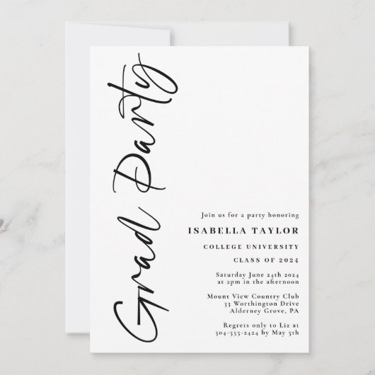 Eenvoudig Stijlvol Script Zwart Wit Afstudeerfeest Kaart (Voorkant)