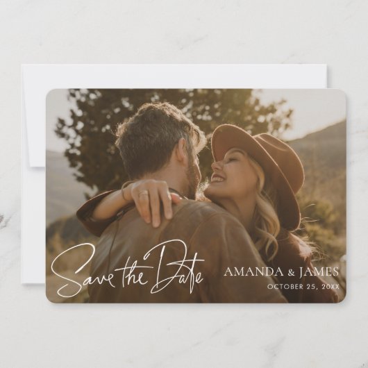 Eenvoudig Stijlvol White Handwriting Photo Weddens Save The Date (Voorkant)