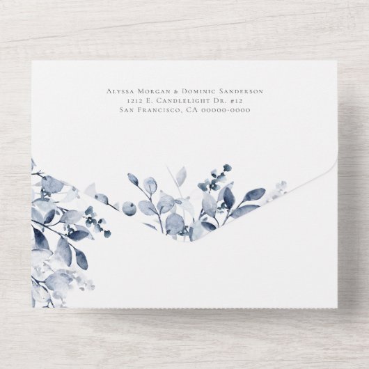 Eenvoudig Stoffig Blauw Bloemen Alles in een Bruil All In One Uitnodiging (Achterkant)