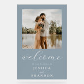 Eenvoudig stoffig blauw chique foto bruiloft welko acryl bord (Voorkant)