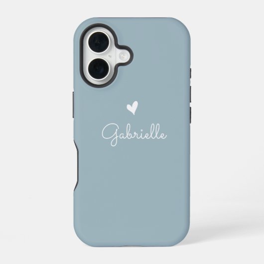 Eenvoudig stoffig blauw hart met scriptnaam iPhone 16 hoesje (Achterkant)
