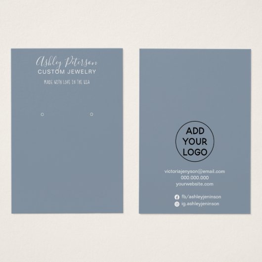 Eenvoudig, stoffig blauw, minimaal sieraardenscher visitekaartje (Voorkant /achterkant)