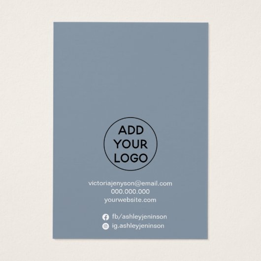 Eenvoudig, stoffig blauw, minimaal sieraardenscher visitekaartje (Achterkant)