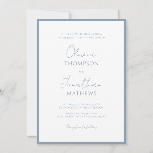 Eenvoudig stoffig blauw randschrift QR Code Weddin Kaart (Voorkant)