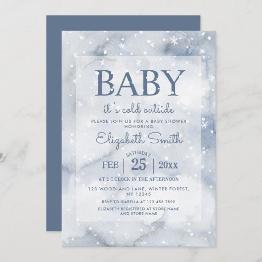 Eenvoudig Stoffig Blauw Winter Baby shower Kaart (Voorkant / Achterkant)