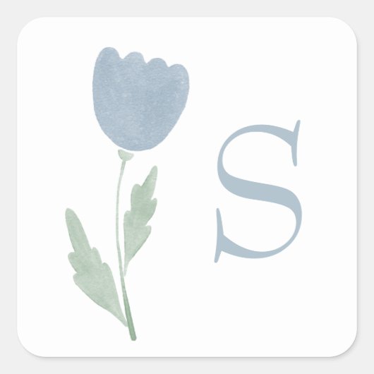 Eenvoudig stoffig blauwe waterverf bloemmonogram vierkante sticker (Voorkant)