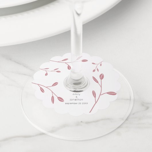 Eenvoudig stoffig Roos laat namen datum bruiloft Wijnglaslabel (Dichtbij)