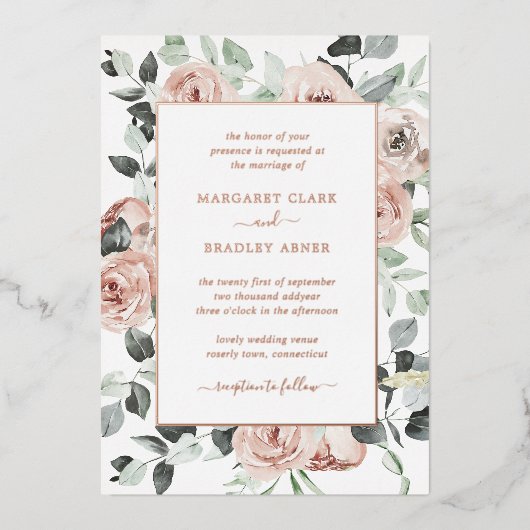 Eenvoudig stoffig Roos Roze Bloemen Elegante Bruil Folie Uitnodiging (Voorkant)