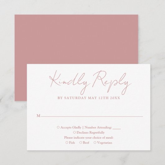 Eenvoudig stoffig Roos Roze Elegant Script Wedding RSVP Kaartje (Voorkant / Achterkant)