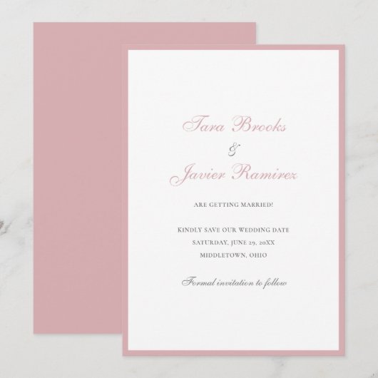 Eenvoudig stoffig Roos Roze Formele Elegante Bruil Save The Date (Voorkant / Achterkant)