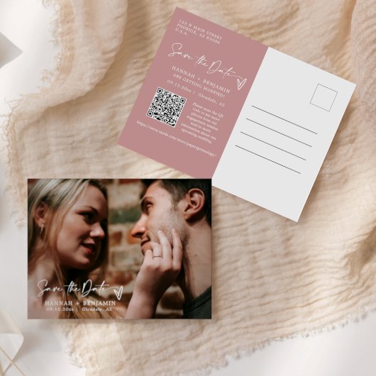 Eenvoudig stoffig roze Boho Save the Date QR Code  Briefkaart