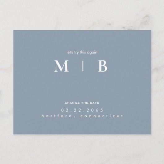 Eenvoudig & Strak Monogram Stofblauw Wijzig de Dat Aankondigingskaart (Voorkant)