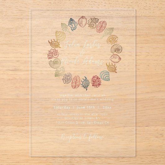 Eenvoudig strand Blue Ocean Seashell bruiloft Acryl Uitnodigingen (Voorkant)