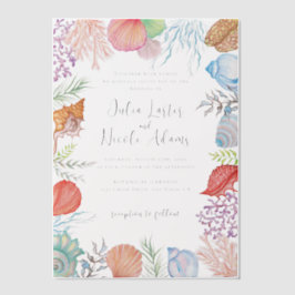 Eenvoudig strand Blue Ocean Seashell bruiloft Vellum Uitnodigingen