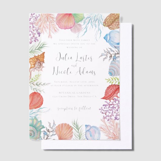 Eenvoudig strand Blue Ocean Seashell bruiloft Vellum Uitnodigingen (Offset)