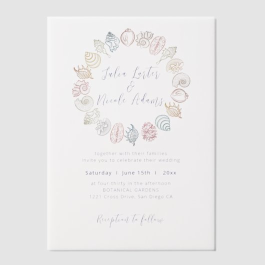 Eenvoudig strand Blue Ocean Seashell bruiloft Vellum Uitnodigingen (Voorkant)