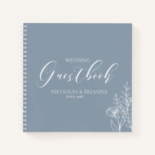 Eenvoudig Stusty Blue Minimal Floral Wedding Guest Notitieboek