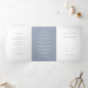 Eenvoudig Stusty Blue Monogram Elegant Wedding Drieluik Uitnodiging