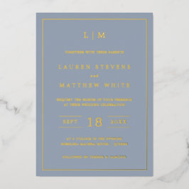 Eenvoudig Stusty Blue Monogram Elegant Wedding Folie Uitnodiging