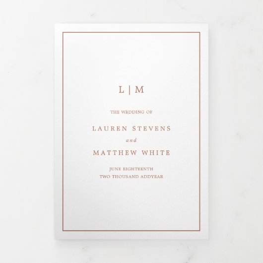 Eenvoudig terracotta monogram elegante bruiloft drieluik uitnodiging (Cover)