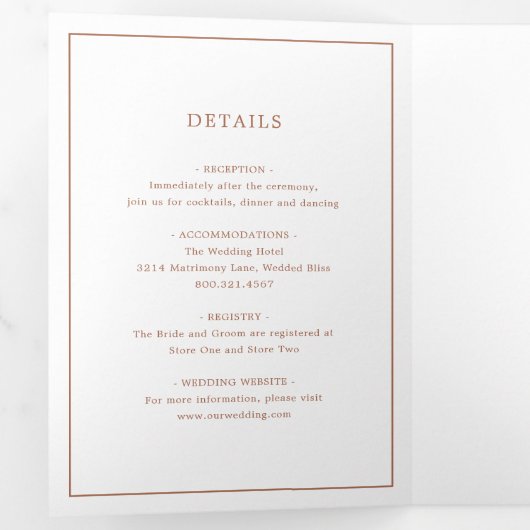 Eenvoudig terracotta monogram elegante bruiloft drieluik uitnodiging (Binnenzijde eerst)
