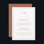 Eenvoudig terracotta monogram elegante bruiloft informatiekaartje<br><div class="desc">Eenvoudige Wedding Enclosure-kaart met een modern maar elegant ontwerp met twee Letter-monogram bovenaan en uw ontvangstinformatie omgeven door een dunne rand. Alle ontwerpelementen bevinden zich in terracotta/verbrand sinaasappel/roest en kunnen worden gewijzigd in het gereedschap voor het bewerken van ontwerpen. Een stijlvol en stijlvol ontwerp dat ideaal is voor een minimalistisch...</div>