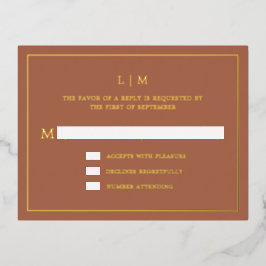 Eenvoudig terracotta monogram elegante bruiloft RS Folie Uitnodiging Briefkaart