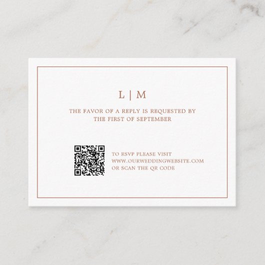 Eenvoudig terracotta monogram QR-code bruiloft RSV Notitiekaartje (Voorkant)