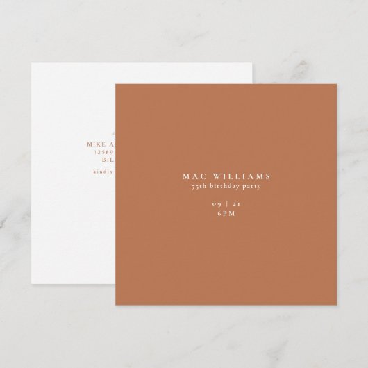 Eenvoudig terracotta vierkant 75e verjaardagsfeest kaart (Voorkant / Achterkant)