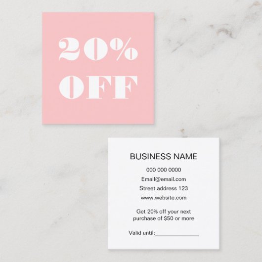 Eenvoudig trendy pastelroze minimalistisch modern kortingskaartje (Voorkant / Achterkant)