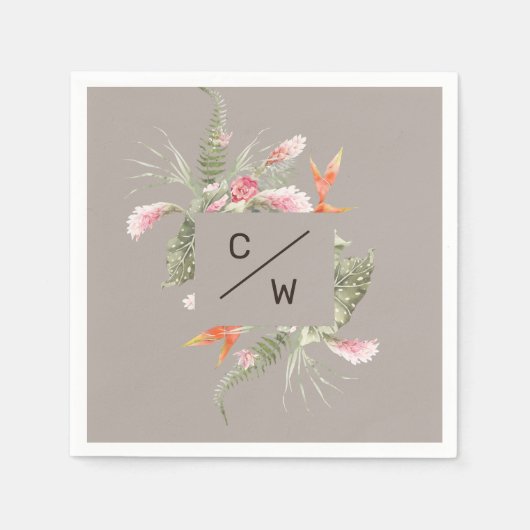 Eenvoudig Tropisch Bloemen Monogram Taup Taup Trou Servet (Voorkant)