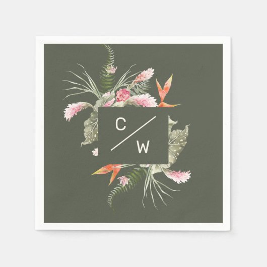 Eenvoudig Tropisch Bloemmonogram Groen Trouwpapier Servet (Voorkant)
