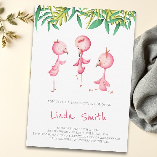 Eenvoudig Tropisch Flamingo Triplets Baby shower Kaart