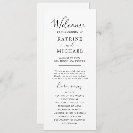 Eenvoudig trouwprogramma programmakaart (Voorkant / Achterkant)