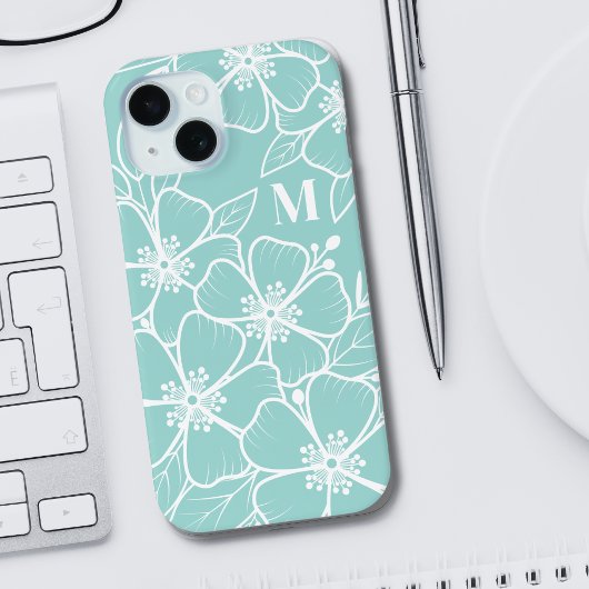 Eenvoudig Turkooisblauw Bloem Initialen Monogram Case-Mate iPhone Case