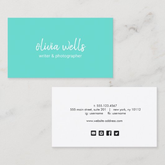 Eenvoudig Turquoise Blauw Handgeschreven Netwerken Visitekaartje (Voorkant / Achterkant)