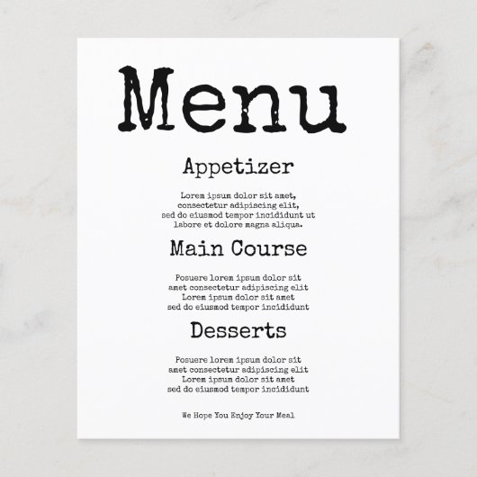 Eenvoudig Typewriter Minimalistisch menu (Voorkant)