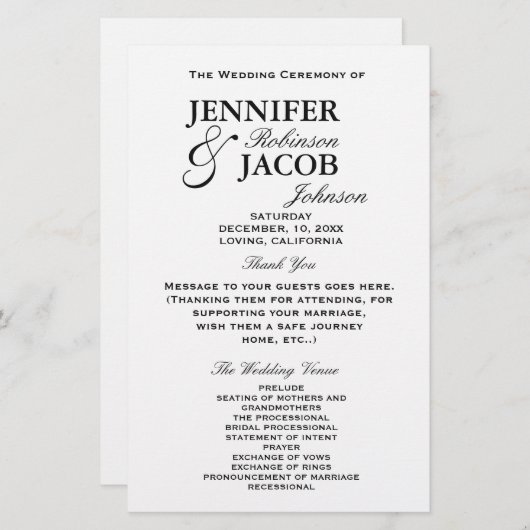 Eenvoudig Typografie Clean Plain Wedding Programme (Voorkant / Achterkant)