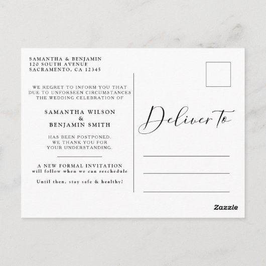 Eenvoudig uitgestelde bruiloft briefkaart (Achterkant)