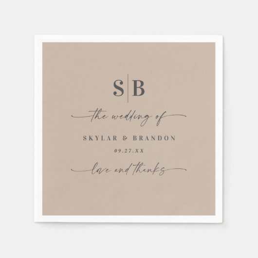 Eenvoudig vast, kleurentaupe beige monogrammed Wed Servet (Voorkant)